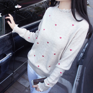 2015秋冬季韩国套头毛衣女学生通勤短款爱心长袖针织衫潮