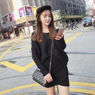 韩国代购2015秋冬装一字领宽松毛衣套装裙两件套冬季包臀裙套装女