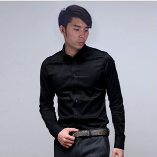 2015韩版时尚休闲黑色长袖商务衬衫男 美容美发师职业工作服衬衫