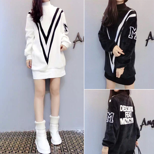 韩国代购2016春装新款大码中长款字母套头加绒加厚长袖卫衣绒衫女