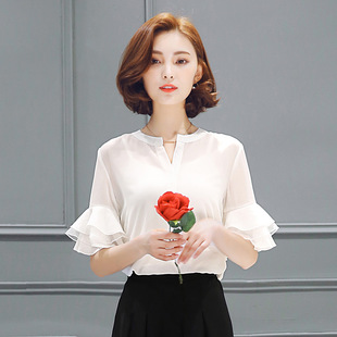 2016夏季新款韩版雪纺衫短袖女上衣气质时尚OL短袖衬衫修身荷叶边