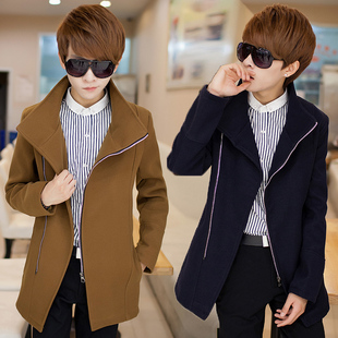 冬季男士风衣修身韩版中长款 青少年学生外套立领呢子大衣休闲 潮