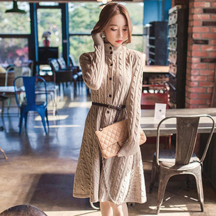 韩国代购2015冬季新款单排扣修身连衣裙优雅中领羊毛针织打底裙