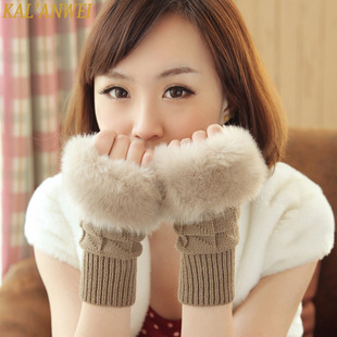 短款女士冬季针织毛线半指手套韩版毛线仿兔毛露指头保暖键盘手套
