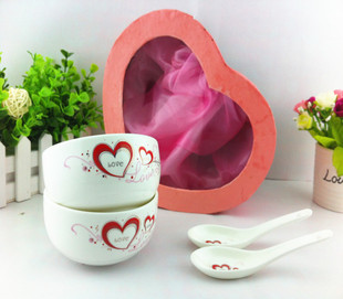 桃心盒2碗2勺 陶瓷情侣对碗 餐具套装定制 LOGO 高档商务礼品