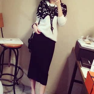 2016初春夏季新款韩版大码修身针织连衣裙两件套套装裙子长袖女潮