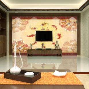 艺术背景墙现代中式客厅电视背景墙立体雕刻墙 复古瓷砖富贵九鱼
