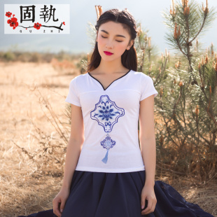 预售 固执2015夏季新款女装短袖刺绣中国民族风复古女T恤