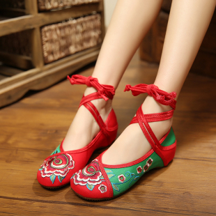 舞蹈鞋女老北京女布鞋坡跟绣花鞋民族风内增高红色复古单鞋女鞋