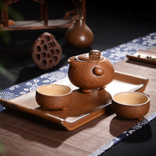 台湾原矿粗陶土复古旅行易泡壶一壶两杯一陶瓷茶盘垫干泡功夫茶具