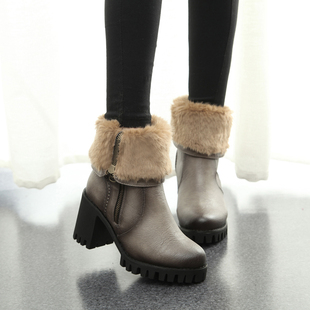 欧美 雪地靴女短靴冬季加厚保暖中筒靴粗跟高跟厚底防水台女靴子