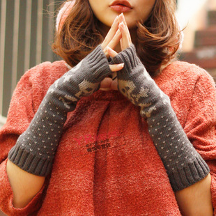 韩版韩国女士秋冬季半指手套保暖针织手套毛线手套卡通户外新款潮
