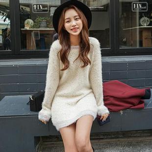 韩国代购女装Bongjashop2015秋冬新款韩版混色长袖套头针织连衣裙