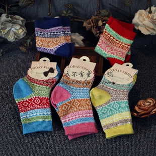 2014冬季最新款民族风撞色女童羊绒混纺冬款袜子儿童袜子