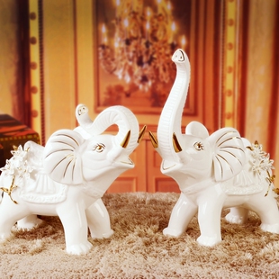 欧梵玉瓷描金招财夫妻象陶瓷家居装饰品大象摆件工艺品结婚礼物
