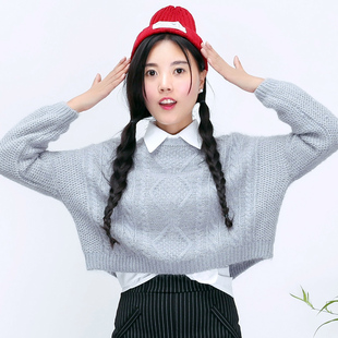 2015秋冬韩版新款女学生宽松修身短款针织衫纯色百搭圆领套头毛衣