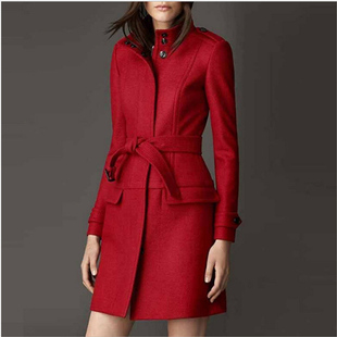 2015冬季新款 简约修身红色毛呢大衣女 欧美时尚单排扣中长款外套