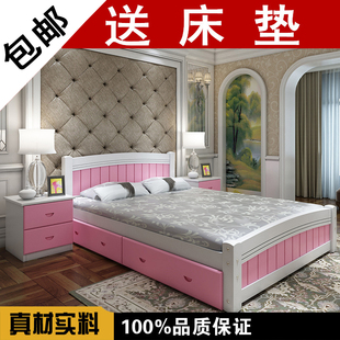简约现代欧式双人床1.5米经济型实木床1.8米白色松木大人床单人床