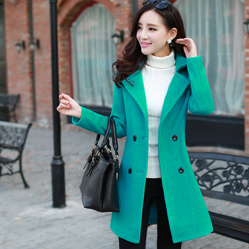 2015秋冬装韩版女装修身大码显瘦中长款羊毛呢子大衣外套加厚韩范