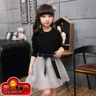 2016黑色纯色套头常规新款韩版春装童女套装时尚儿童裙子两件套潮