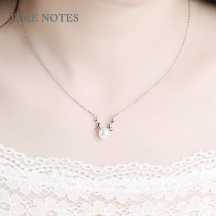 TIMENOTES S925银项链纯银锁骨链女天然珍珠麋鹿可爱银饰品首饰