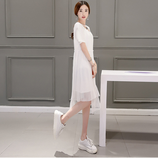 2016夏季新品女装韩新款网纱假两件收腰长裙短袖透明连衣裙显瘦
