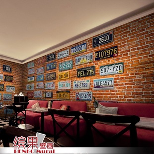 3d立体红色砖墙红砖纹壁纸铁皮车牌复古怀旧风格餐厅酒吧墙纸壁画