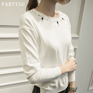 Partysu2016春季新款修身针织衫韩版圆领套头百搭钉珠长袖女