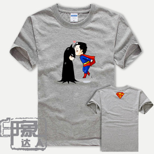满百包邮新款蝙蝠侠和超人男士纯棉黑白色男女卡通短袖t恤
