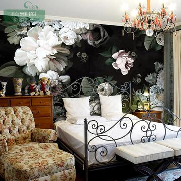 手绘黑色花卉典雅墙纸 客厅电视背景墙壁纸 欧式卧室大型壁画墙布