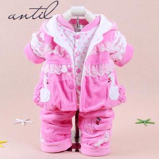 包邮新款秋冬男女宝宝夹棉衣套装0-1-2岁儿童婴幼儿薄棉衣三件套
