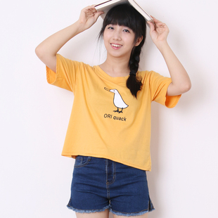 小清新日系森女韩版学生可爱鸭子宽松显瘦短款短袖棉T恤简约女夏
