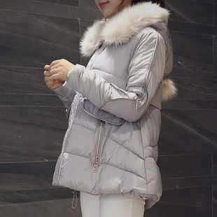 2015冬装新款韩版a字加厚棉服女中长款连帽毛领羽绒棉衣外套