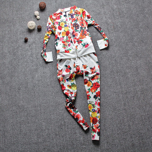 欧洲站2014新款可爱花朵流行碎花套装修身运动休闲卫衣两件套女潮