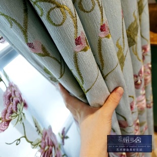 高档蓝色雪尼尔牡丹绣花 欧式法式中式客厅卧室遮光成品窗帘定制