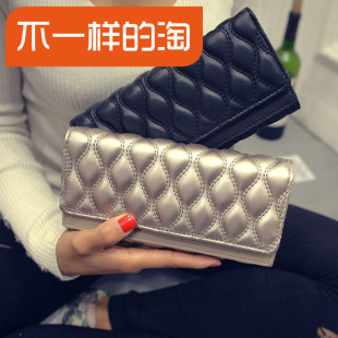 水波纹双盖钱包新款韩版女士长款三折钱夹时尚女手拿包手机包