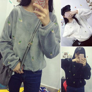 2015秋冬新款韩版珊瑚绒刺绣圆领套头学生卫衣女加绒加厚保暖外套