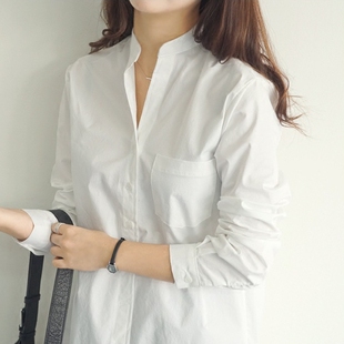 韩国简约时尚立领白衬衫女中长款长袖纯棉宽松打底衬衣女士上衣潮