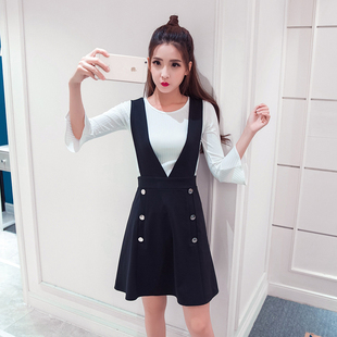 秋季新款2016韩版显瘦七分袖背带裙女针织a字连衣裙两件套装短裙
