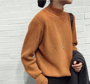 2015韩版纯色半高领打底针织衫 时尚圆领套头毛衣女