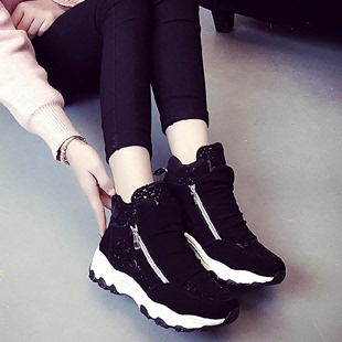 2015韩版新款冬季休闲加绒运动鞋女学生迷彩系带平跟圆头跑步鞋潮