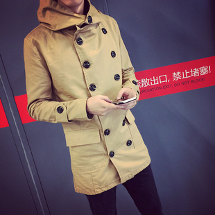 2015春秋季新款加长款风衣男士韩版修身大衣双排扣纯色休闲外套潮
