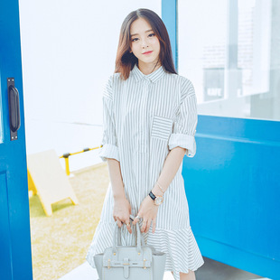 2016年新款韩版POLO领单排扣高腰长袖条纹翻领荷叶衬衣连衣裙