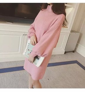2015韩版新款半高领宽松灯笼袖裙 中长款针毛衣裙子 时尚连衣裙