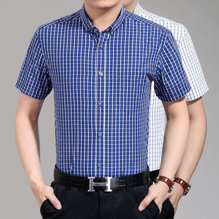 丝光棉2015新款男士短袖衬衫 夏季韩版修身 男装格子免烫衬衣夏潮