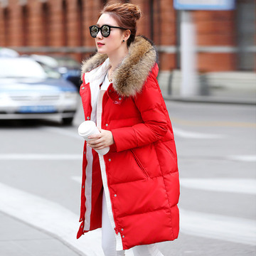 冬装正品韩版中长款貉子毛领保暖红色加厚大码羽绒服外套宽松衣潮