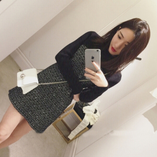 韩国2015冬装新款女装 小香风镶钻拼色针织冬季连衣裙长袖打底裙