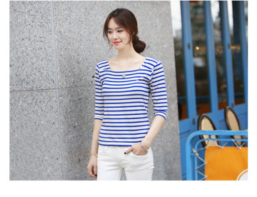 七分袖条纹海军风条纹修身女T恤2015春装新款韩版百搭打底衫