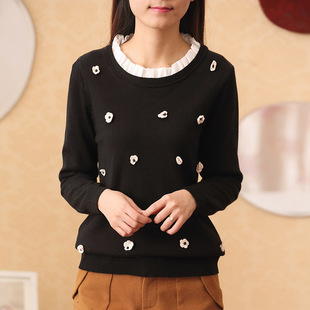2015秋冬新款女装韩系常规款小清新毛衣长袖圆领95%及以上棉毛线