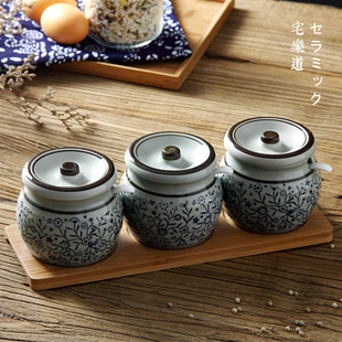 陶瓷仿古日式和风盐调味罐三件套装佐料瓶糖盐辣椒罐储物罐调料盒